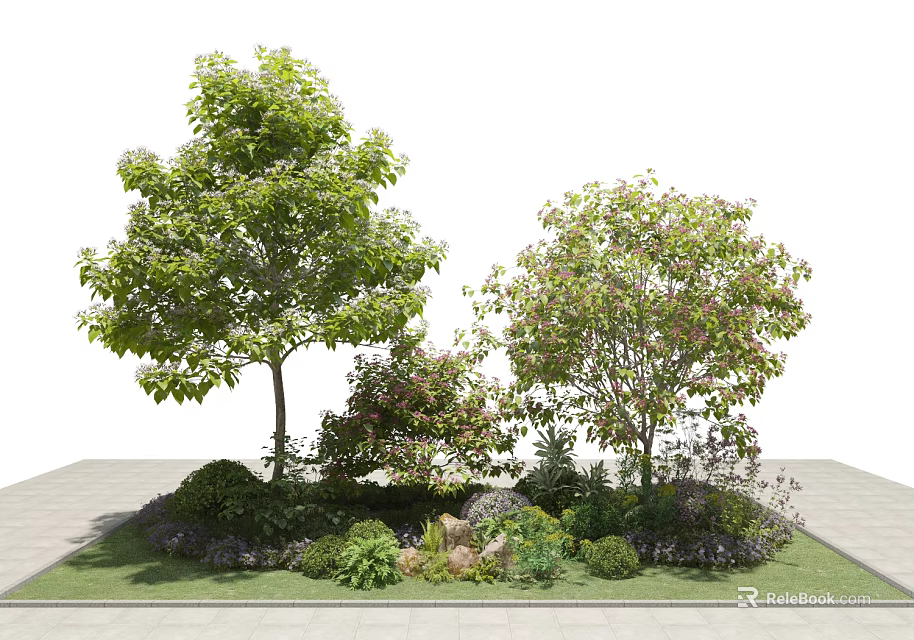 Lush Green Arbor Trees in Garden Landscape with Shrubs and Colorful Flowers 3d model 