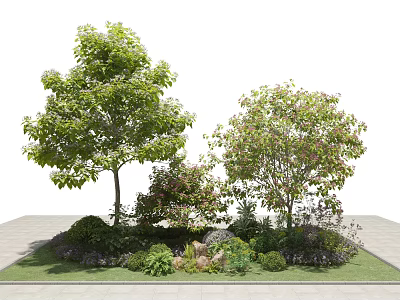 Lush Green Arbor Trees in Garden Landscape with Shrubs and Colorful Flowers 3d model