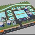 Cartoon Industrial Scene With Circular Tanks Blue Water Area Buildings Roads Trucks And Green Trees