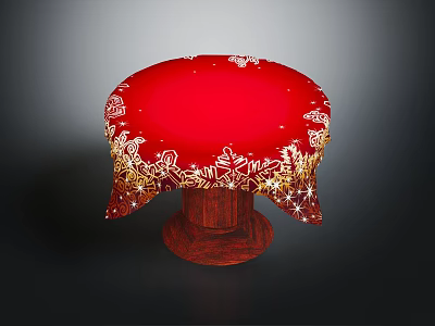 Red Round Tablecloth With Golden Patterns And Sparkling Decorations On Wooden Table 3d model