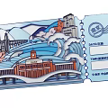 Pictorial Customs Building With Clock Tower Maple Leaves Bridge Waves And Mountains