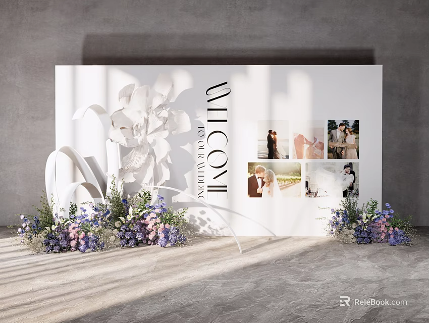 Elegant Wedding Floral Installation With White Backdrop Large Flowers Purple Florals And 3d model 