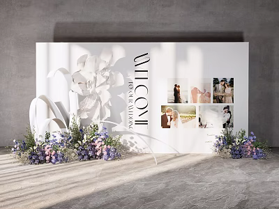 Elegant Wedding Floral Installation With White Backdrop Large Flowers Purple Florals And 3d model