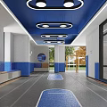 Modern Hallway Interior Featuring Blue Ceiling Circular Pendant Lights Bench Seating And Large Windows 3d model