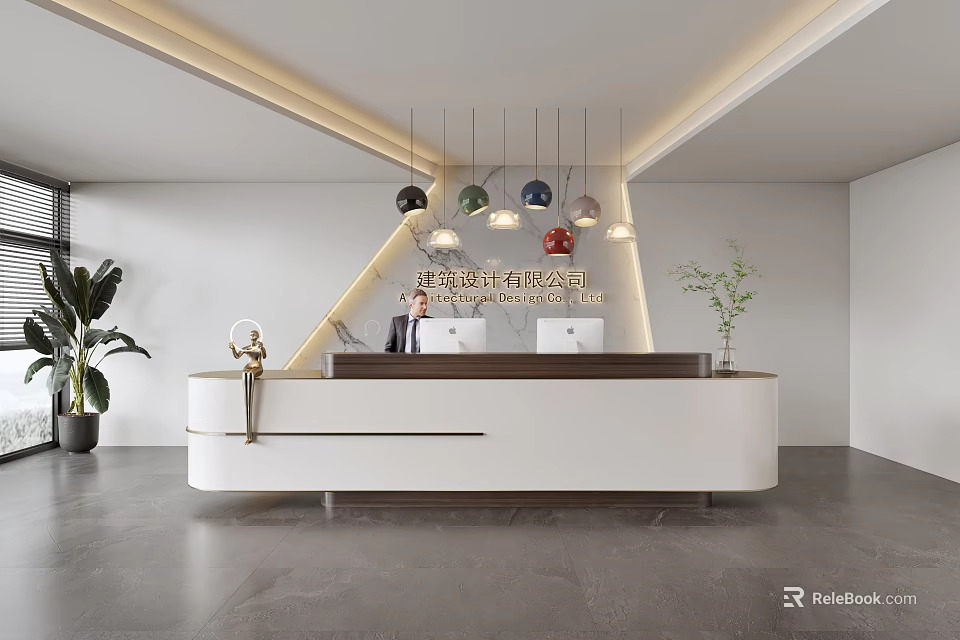 Modern Office Reception Desk Interior With Colorful Pendant Lights And Plants 3d model 