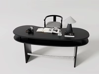 Black Oval Desk with Open Book Lamp and Chair in Minimalist Design 3d model