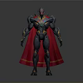 Sleek Dark Mechanical Warrior Character With Red Cape Blue Yellow Accents And Green Gemstone Chest