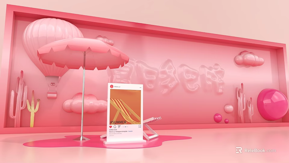 Vibrant Pink Scene With Hot Air Balloon Umbrella Clouds Screen Pink Spheres And Cactus 3d model 