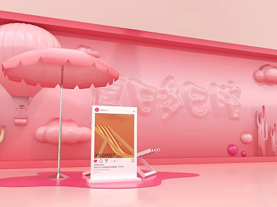 Vibrant Pink Scene With Hot Air Balloon Umbrella Clouds Screen Pink Spheres And Cactus 3d model
