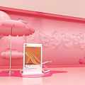 Vibrant Pink Scene With Hot Air Balloon Umbrella Clouds Screen Pink Spheres And Cactus