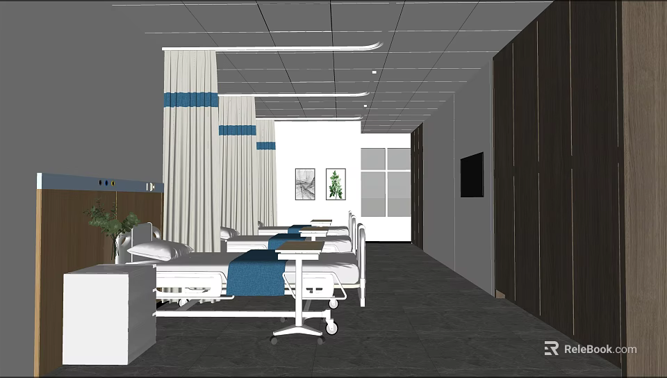 Hospital Ward Interior With Multiple Beds White Curtains White Walls And Dark Flooring 3d model 