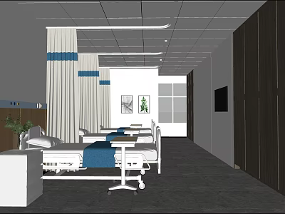 Hospital Ward Interior With Multiple Beds White Curtains White Walls And Dark Flooring 3d model