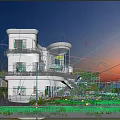 Modern Detached Villa with Curved Glass Facade Multi Storey Structure Balconies Greenery and Sunset View