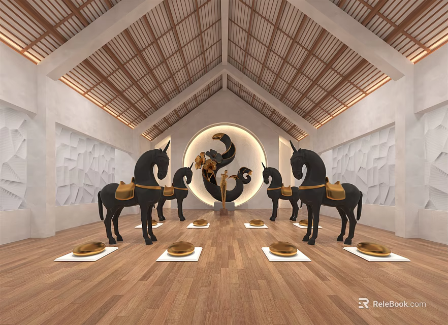 Interior Display With Black Horses Circular Decoration Wooden Ceiling White Walls And Wooden Floor 3d model 