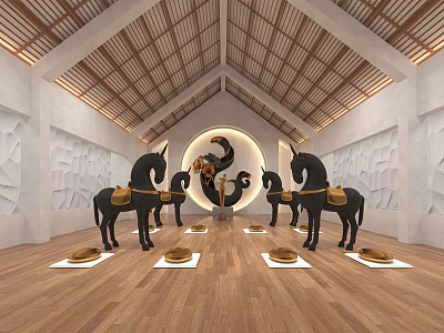Interior Display With Black Horses Circular Decoration Wooden Ceiling White Walls And Wooden Floor 3d model