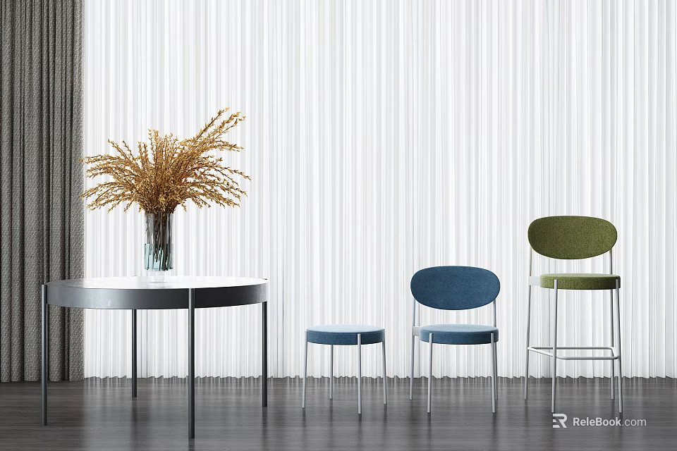 Blue and Green Accent Chairs with Round Table Dried Flowers and Striped Curtain Background 3d model 