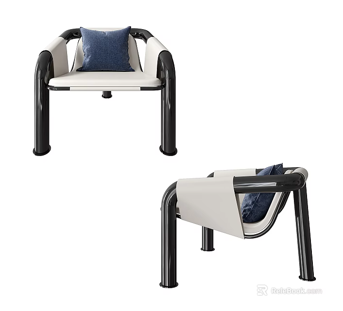 Modern Leisure Chair With White Cushion Black Metal Frame And Blue Decorative Pillow 3d model 