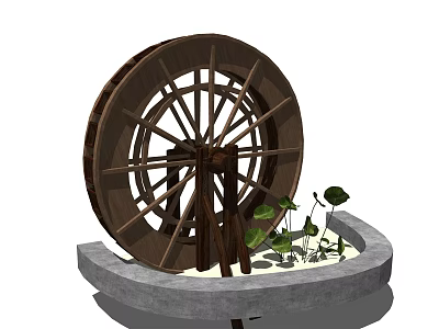Decorative Wooden Waterwheel Garden Ornament With Stone Pool And Green Plants 3d model