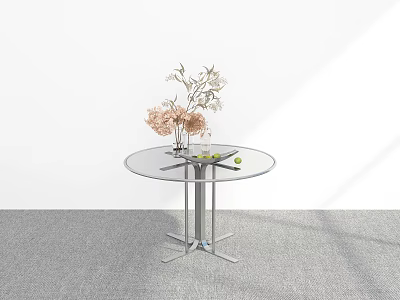 Modern Round Glass Dining Table With Metal Legs Floral Vase And Green Fruits 3d model