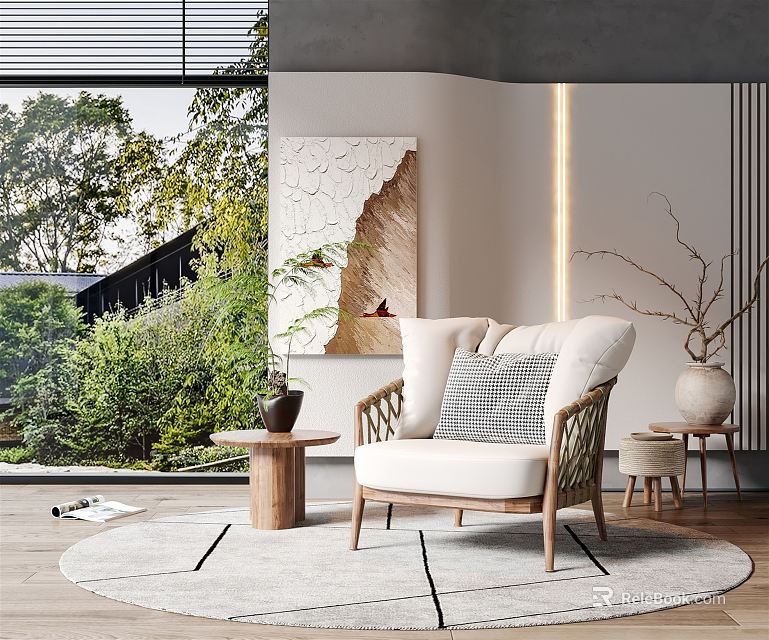 Modern White Upholstered Single Sofa With Wooden Frame Checkered Pillow And Round Rug 3d model 