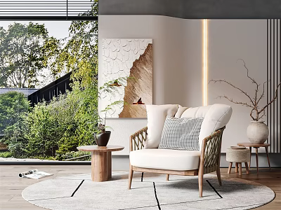 Modern White Upholstered Single Sofa With Wooden Frame Checkered Pillow And Round Rug 3d model