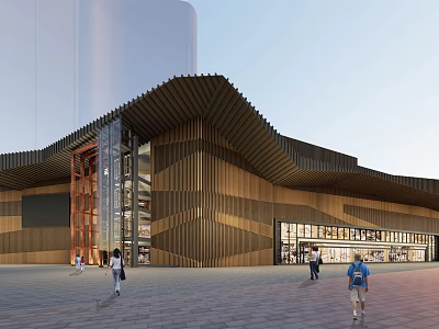 Modern Commercial Street Featuring Curved Wooden Facade And Pedestrians In Open Plaza 3d model