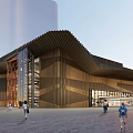 Modern Commercial Street Featuring Curved Wooden Facade And Pedestrians In Open Plaza
