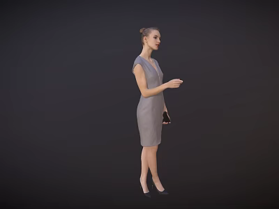 Elegant Woman in Gray Dress with Bun Hairstyle Holding Mobile Phone Against Dark Background 3d model