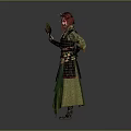 Traditional Attire Character With Red Headdress Holding Fan And Green Black Outfit