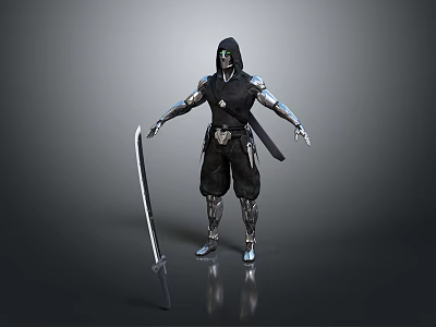 3D Model Of Hooded Warrior With Green Eyes Black Outfit And Long Sword 3d model