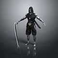 3D Model Of Hooded Warrior With Green Eyes Black Outfit And Long Sword