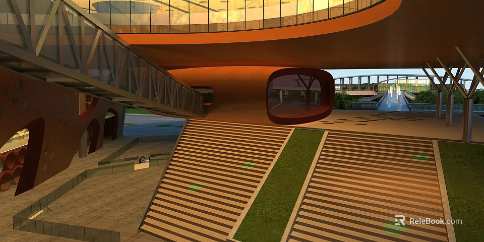 Modern Architectural Space With Wooden Stairs Glass Curtain Wall And Green Lawn Area 3d model 