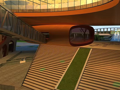 Modern Architectural Space With Wooden Stairs Glass Curtain Wall And Green Lawn Area 3d model