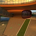 Modern Architectural Space With Wooden Stairs Glass Curtain Wall And Green Lawn Area