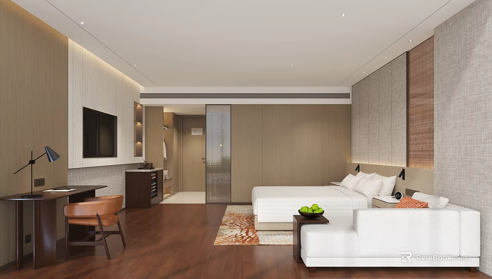 Hotel Guest Room Modern Interior With Large Bed White Sofa Wooden Flooring And TV 3d model 