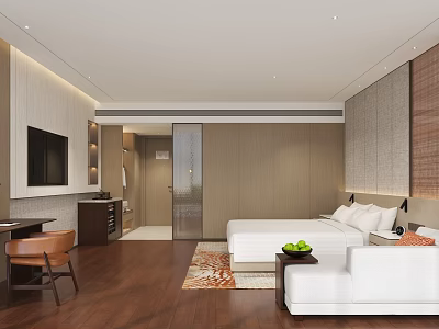 Hotel Guest Room Modern Interior With Large Bed White Sofa Wooden Flooring And TV 3d model