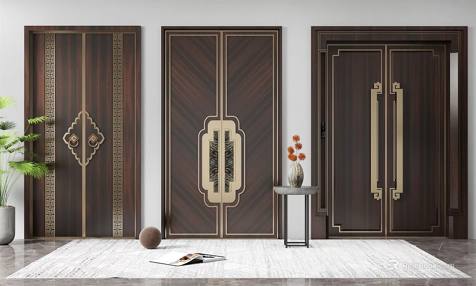 Elegant Wooden Double Doors With Decorative Patterns And Metal Accents Design 3d model 