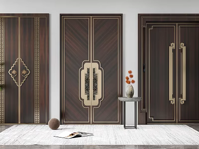 Elegant Wooden Double Doors With Decorative Patterns And Metal Accents Design 3d model
