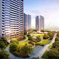 Modern High Rise Residential Buildings With Greenery And Central Water Feature