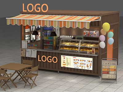Food Stall Featuring Striped Awning Logo Display Case Menu Board Balloons Table And Chairs 3d model