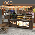 Food Stall Featuring Striped Awning Logo Display Case Menu Board Balloons Table And Chairs