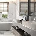 Modern Bathroom Interior With White Bathtub Marble Walls Floors Double Sink Vanity And Window Blinds