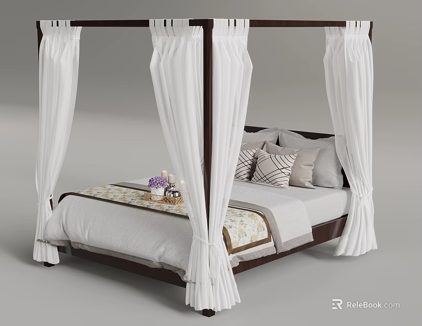 Four Poster Bed With White Draperies And Decorative Pillows In Bedroom 3d model 