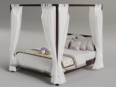 Four Poster Bed With White Draperies And Decorative Pillows In Bedroom 3d model