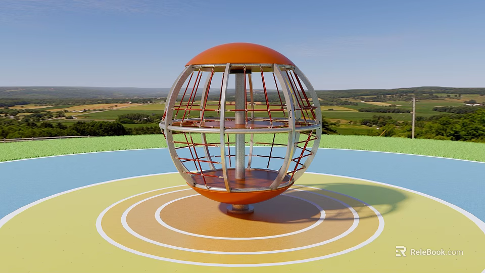 Outdoor Playground Equipment Orange Spherical Metal Frame Structure With Colorful Circular Ground In Park 3d model 