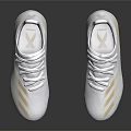White Gold Soccer Cleats with Gold Stripes Upper and Spiked Soles on Black Reflective Background