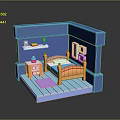 Small Blue Room Model with Orange Bed Nightstand Bookshelf and Colorful Items