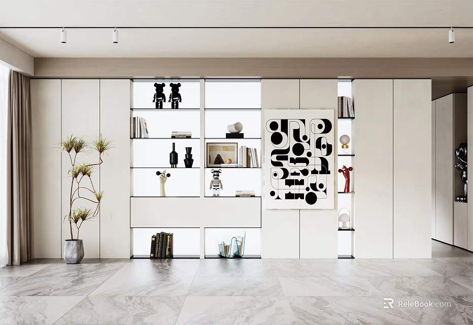 Modern White Decorative Cabinet With Open Shelves Books And Decorative Ornaments 3d model 
