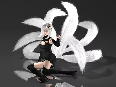 Anime Style Female Character With White Hair Fox Ears Multiple Tails And Black Outfit 3d model