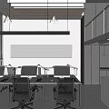 Modern Public Office Space With Workstations Long Desks Office Chairs Staircase Mezzanine And Projector Screen
